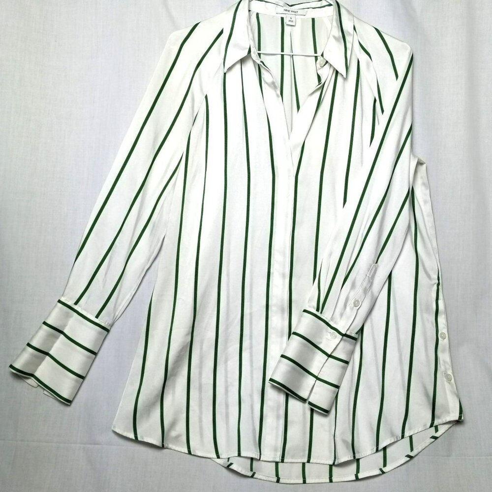 Nine West Green White Striped Women Top Raglan Cuff Sleeve‎ Side Button Collared